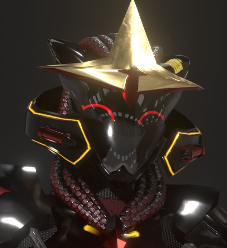 A black, gold and red robot (presenting feminine) with a black face-screen. This screen peaks (on either side of a gold inverted T tiara) as 'ears' in the style of a cat, with one ear showing a battery charge.