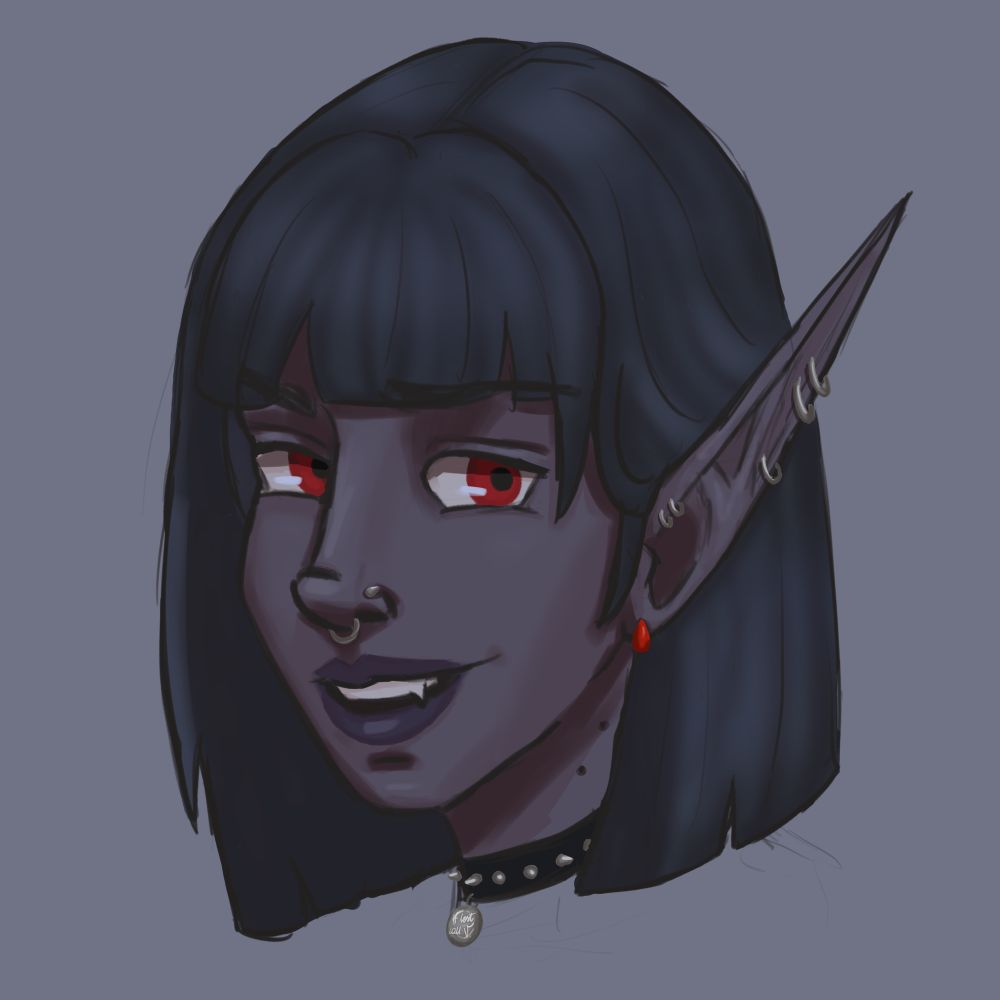 Head shot of a smiling female elf. She has dark purple skin, bright red eyes, a small upturned nose and pointy vampire fangs. Her hair is black and straight, cut into a bob with straight bangs. She is wearing a red teardrop shaped earring and multiple ear piercings, a septum ring, a spiked nostril piercing and a black collar with metal spikes and a pendant that says “if lost call V.” 