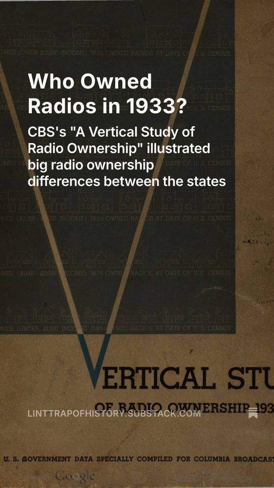 Over the cover a booklet titled: "Vertical Study of Radio Ownership, 1930 - 1933" the text says: "Who Owned Radios in 1933? CBS's "A Vertical Study of Radio Ownership" illustrated big radio ownership differences between the states. 