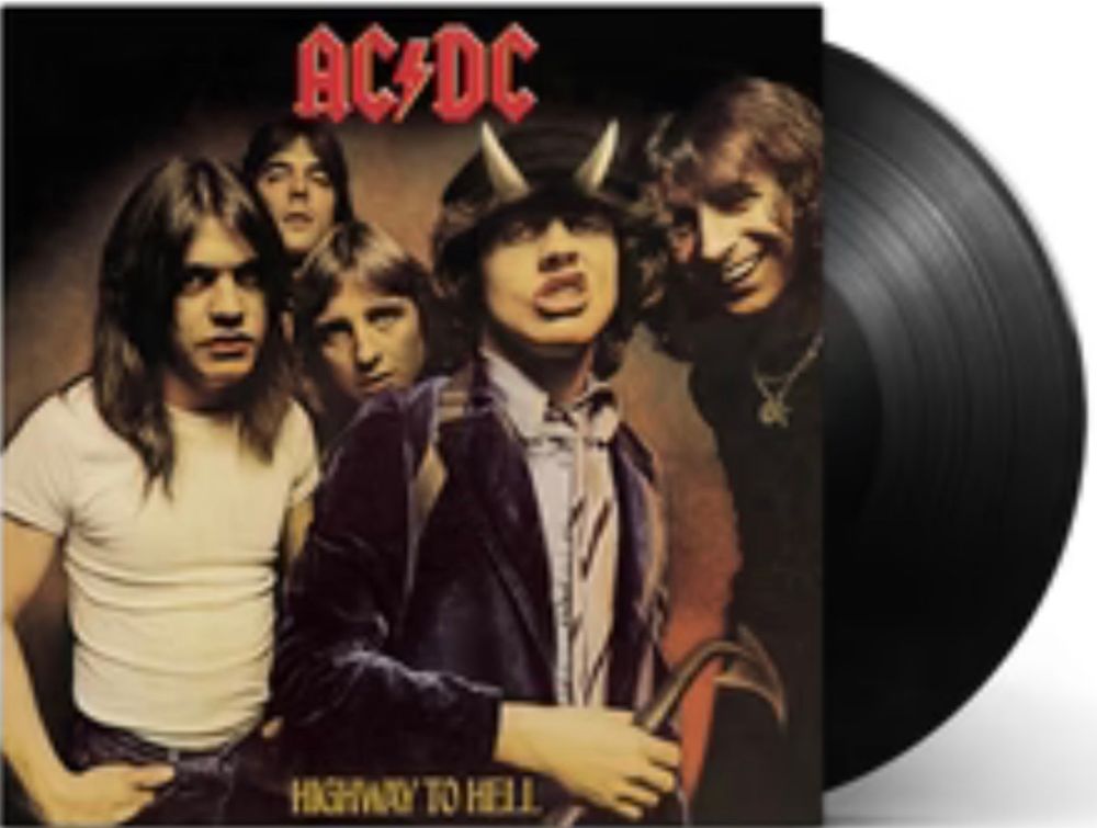 Album Highway To Hell with the band AC DC on the cover. They are 5 white guys and one is wearing a hat with horns on it and holding a devil’s tail.
