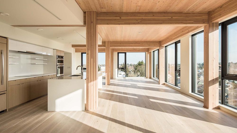Mass timber can lend warmth and beauty to an interior. Pictured is a unit in the eight-story Carbon12 condominium in Portland, Oregon.