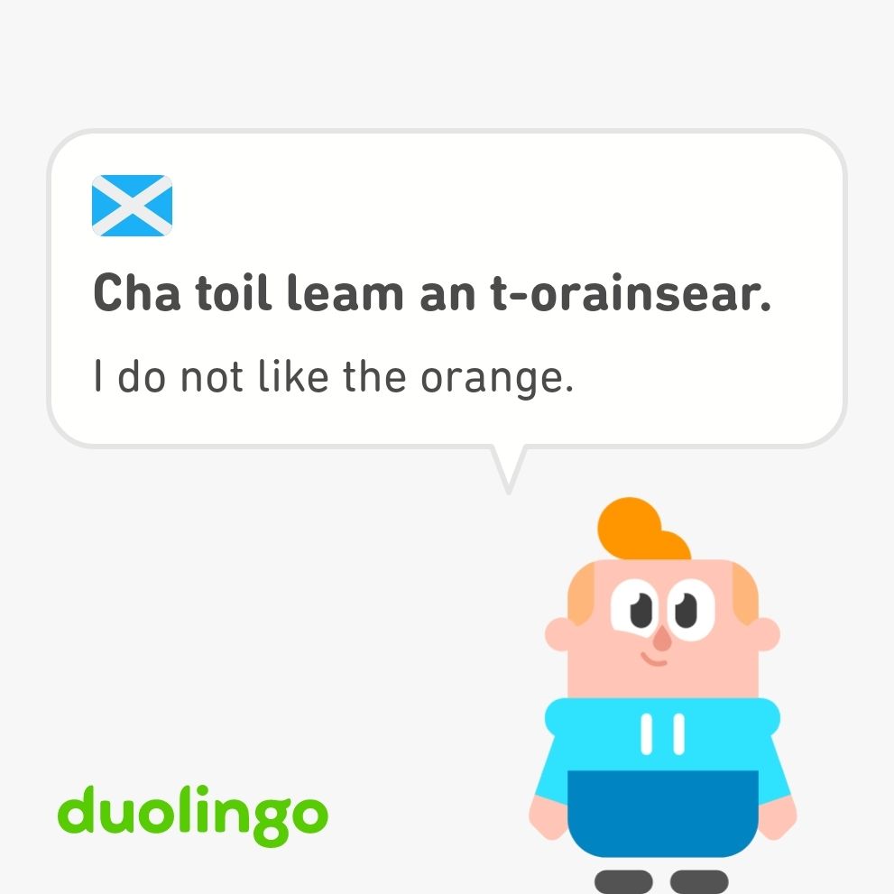 Screen shot from language app with cartoon dude saying I do not like the orange and Gaelic translation.
 He is talking about fruit. Obviously. 