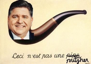 This is an image which is a reference to Rene Magritte’s ‘The Treachery of Images,’ the image displays a pipe with a head ending in a Pritzker, with the text, “Ceci n’est pas une Pritzker.” Which translates to, “This is not a Pritzker.”
