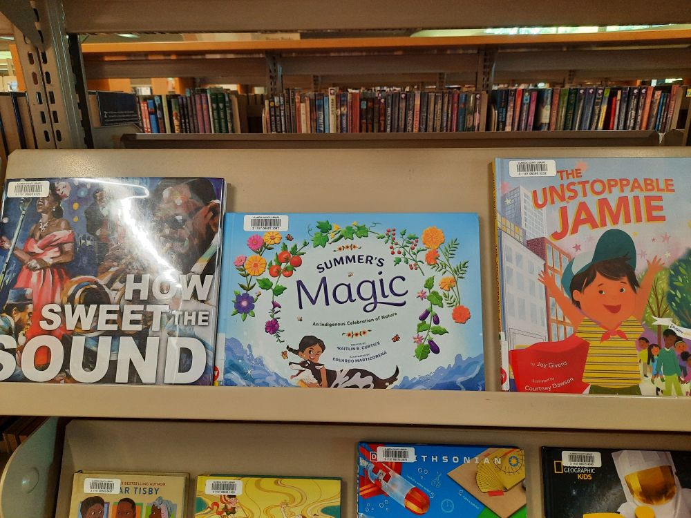 Picture books on a front-facing display at a public library: How Sweet the Sound, Summer's Magic, and The Unstoppable Jamie.