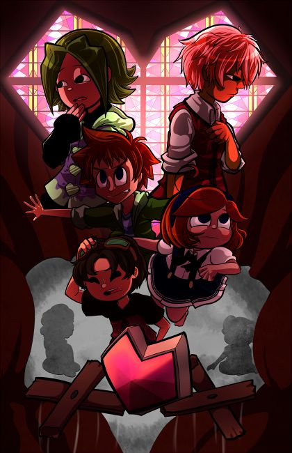 An ominous-ish image with a red tint.  Two teenage figures are silhoutted by a stained glass heart.  Below them, three children are in action poses.  A large heart ornament is in the bottom center, flanked by two puppet string controllers(?????).