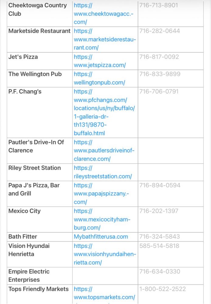 Cheektowga Country Club
www.cheektowagacc.com
716-713-8901

Marketside Restaurant 
www.marketsiderestaurant.com
716-282-0644

Jet's Pizza
www.jetspizza.com
716-817-0092

The Wellington Pub
https://wellingtonpub.com/
716-833-9899

P.F. Chang's
www.pfchangs.com/
locations/us/ny/buffalo/
1-galleria-dr-th131/9870-buffalo.html
716-706-0791

Pautler's Drive-In Of Clarence
www.pautlersdriveinofclarence.com/

Riley Street Station
https://rileystreetstation.com/

Papa J's Pizza, Bar and Grill
www.papajspizzany.com/
716-894-0594

Mexico City
www.mexicocityhamburg.com/
716-202-1397

Bath Fitter
Mybathfitterusa.com
716-324-5843

Vision Hyundai
Henrietta
www.visionhyundaihenretta.com
585-514-5818

Empire Electric
Enterprises
716-634-0330

Tops Friendly Markets
www.topsmarkets.com/
1-800-522-2522