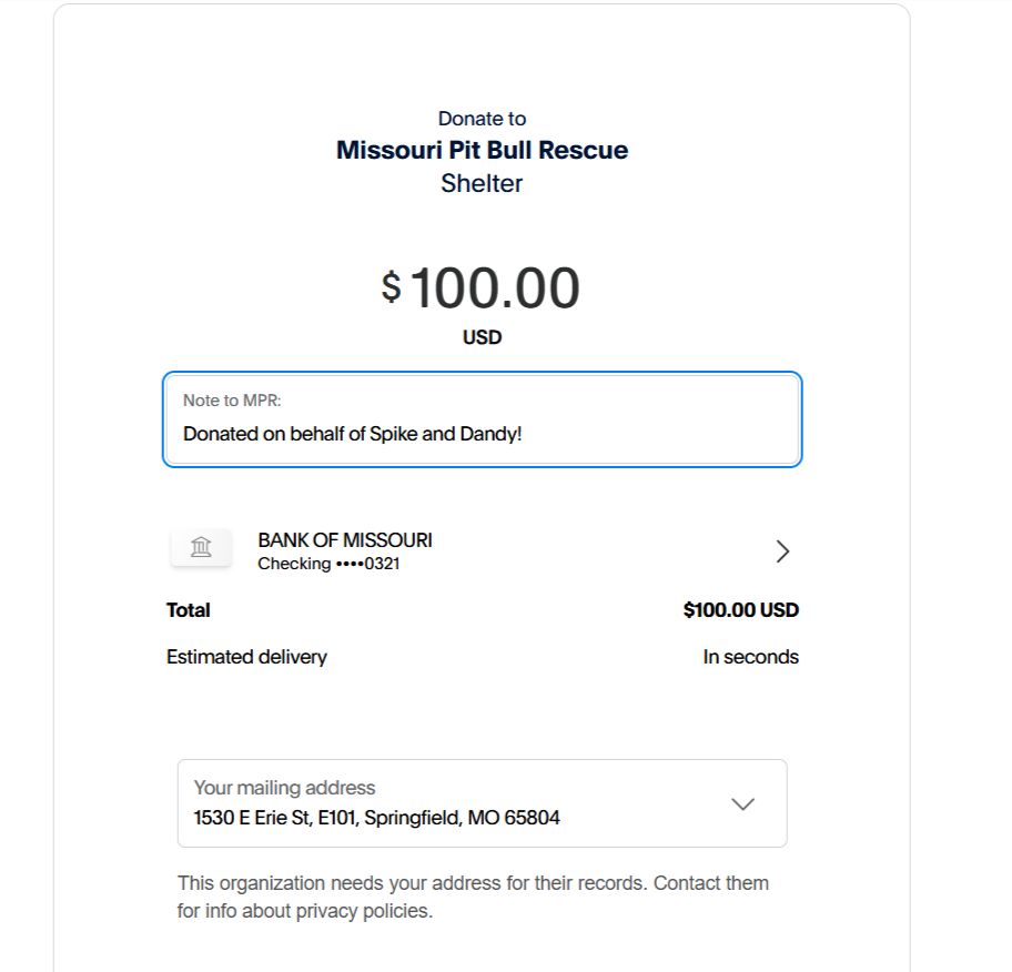 Receipt of donation of $100 to Missouri Pit Bull Rescue