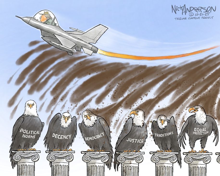 A cartoon drawing of six Bald Eagle perched on the top of Rom-style columns. Each one has a label on its chest: Political Norms, Decency, Democracy, Justice, Traditions, Equal Protection. Overhead is a crown-wearing Trump, flying a fighter jet and dumping his diaper contents all over the eagles.