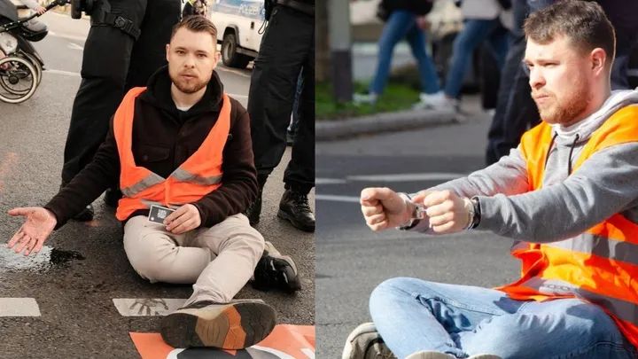 Moritz in Warnweste auf der Straße bei Straßenblockaden