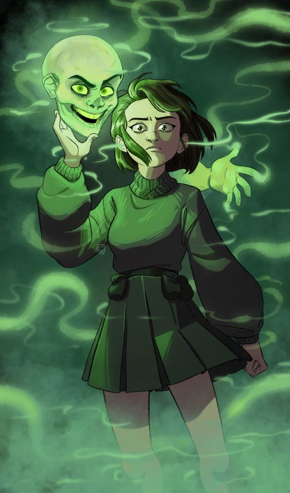 2D illustration Lockwood and co Lucy Carlyle looking towards the viewer holding the skull up skull whispering in her ear, green mist spooky surroundings 
