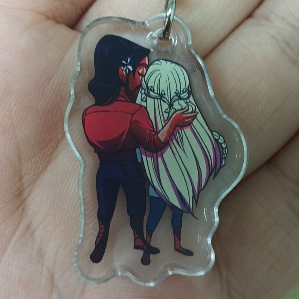 Back side of custom epoxy keychain with art of my OCs Bran & Stigr done by Metmarfil 