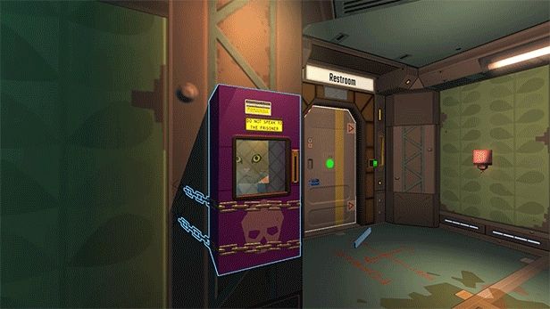 Your cat friend, Palanka, emerging from a crane game machine in the Blendo Games' sci-fi immersive sim titled Skin Deep due out on steam on April 30, 2025. Gonna bang.