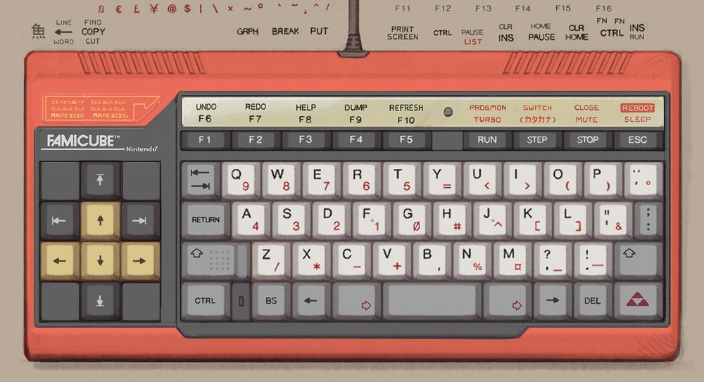 Keyboard based on the Family Basic one, but heavily altered. Left-handed layout! A BBC Micro -like acrylic glass over the F-keys to hold a reference sheet.