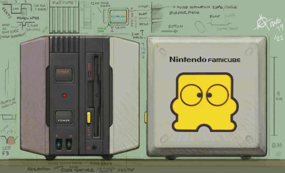 Borrowing SNES/SFC buttons for this one. No one really makes cube-consoles because the steel mould needs to be very deep I guess, and the sides often need to be slanted. I solved it by making it in slices (the sides can use the same mould as they're symmetrical). Apparently the Steve Jobs cube (NeXT) was very difficult to make and had a bazillion parts. Most consoles are just slabs and monoliths now because we don't really have interface buttons, knobs, displays/gauges or media ports. Sadness.