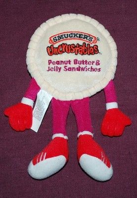 smuckers brand uncrustables trademark peanut butter and jelly sandwiches on the back of the plush