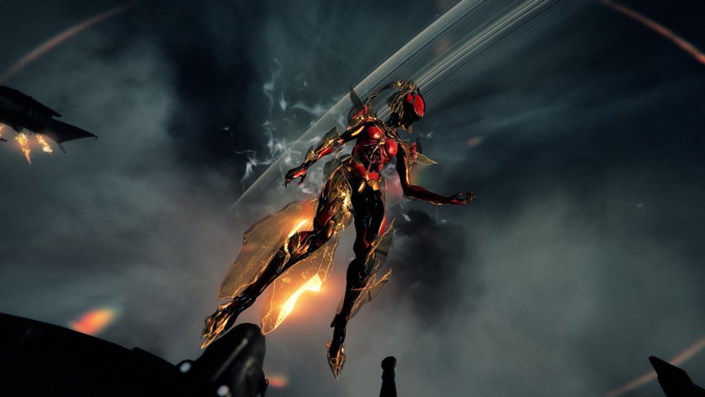 Image shows video game robotic humanistic suit floating with planet rings and a space ship in the distance behind her.