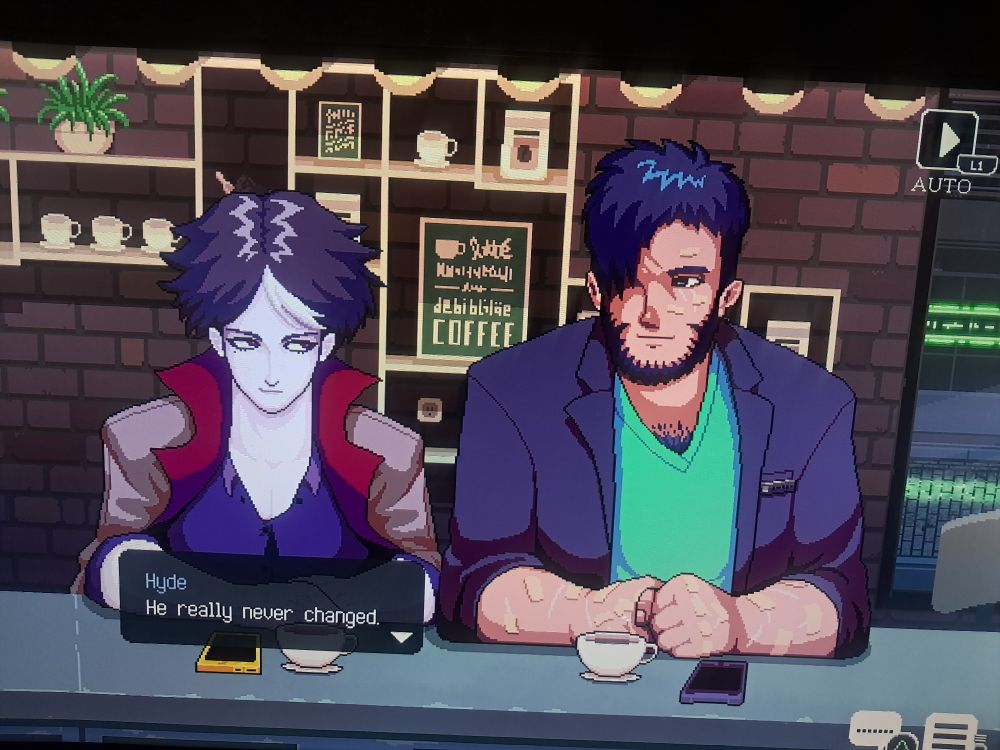 Photo of two game characters from the game Coffee Talk, both have phones and cups of beverages in front of them. 
The one on the left is a vampire named Hyde who is looking at the other character saying "He really never changed." On the right is a larger man named Gala who is looking at Hyde.