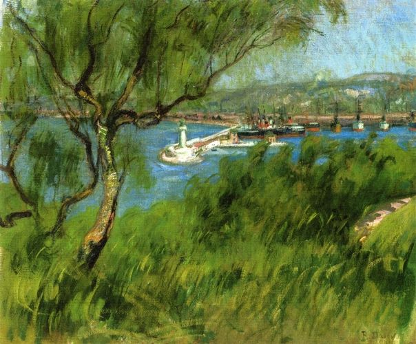 "View of a Port" by Raoul Dufy captures a vibrant waterfront scene with dynamic brushstrokes and bold colors typical of his Fauvist style, highlighting both the lush greenery in the foreground and the activity of the boats and lighthouse in the distance. Dufy's work often celebrated leisure and the pleasures of modern life, as seen in his joyous interpretation of coastal landscapes.