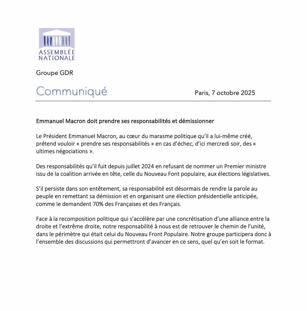 Le groupe GDR se prononce pour une élection présidentielle anticipée et pour l'unité autour du NFP.
