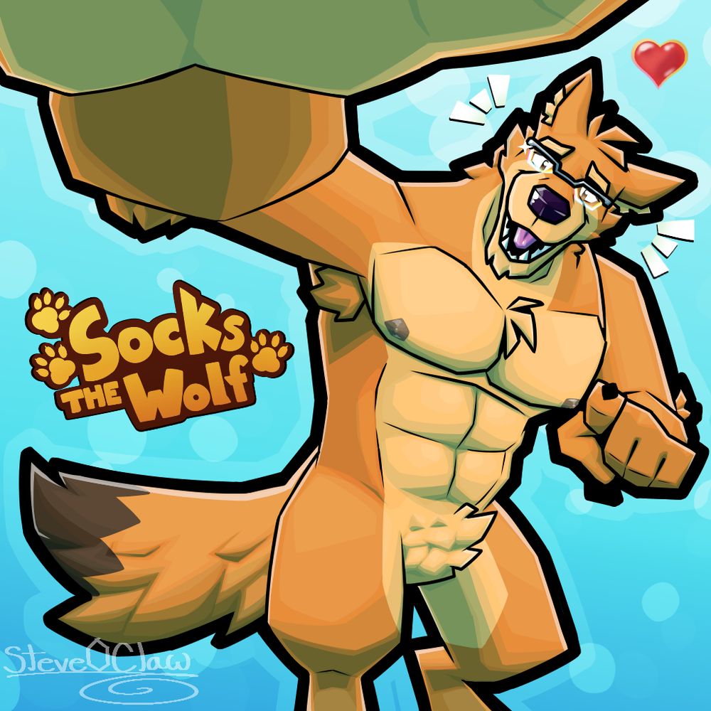 Fan art piece of Socks the Wolf giving the viewer headpats. 🧡🐺
