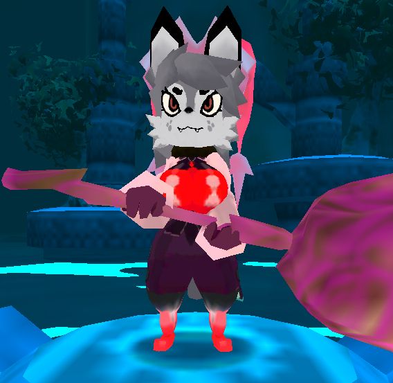 PErsonagem furry criada no jogo Atlyss, é uma loba cinzenta com uma roupa vermelha