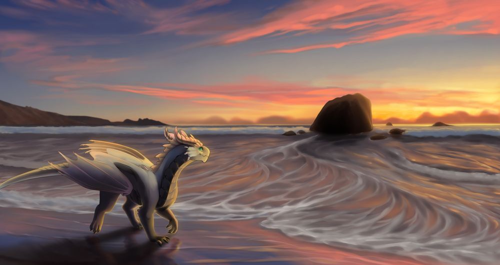 A bronze/white hybrid D&D dragon wyrmling walking down a sandy coastline beach just out of reach of the waves, looking out into the waters and skyline. The sun out of sight but just beginning to rise giving a red hue to the sky. 