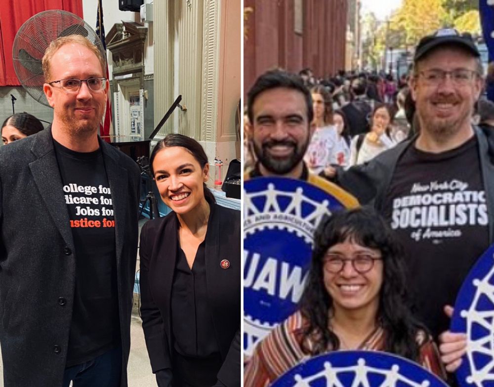 A photo of me with AOC in December 2019 after a town hall, and another photo with me and Queens Assemblymembers Zohran Mamdani and Claire Valdez at a CFU-UAW event outside NYU in November 2024.