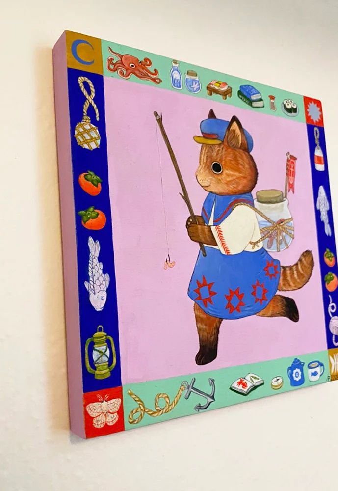 A cat going fishing original painting