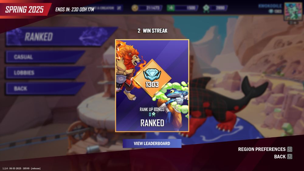 The ranked queue screen for Rivals of Aether 2. The image shows 1303 ELO, which puts them in the Diamond Rank category of players.

This rating means they are in the top 7.5% of current players and top 2.5% of all time players in this game.
