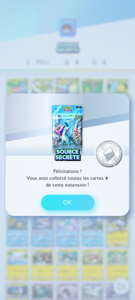 Capture d'écran de Pokemon TCG Pocket (Android) montrant que j'ai eu toutes les cartes ◇ de l'extension Source Secrète
