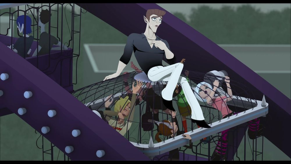 Steven dans le film Zombillenium, en train de poser sur sa grande roue