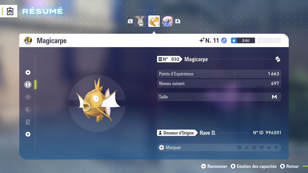 Capture d'ècran d'un Magicarpe chromatique dans Légendes Pokémon : Z-A (Switch 2)