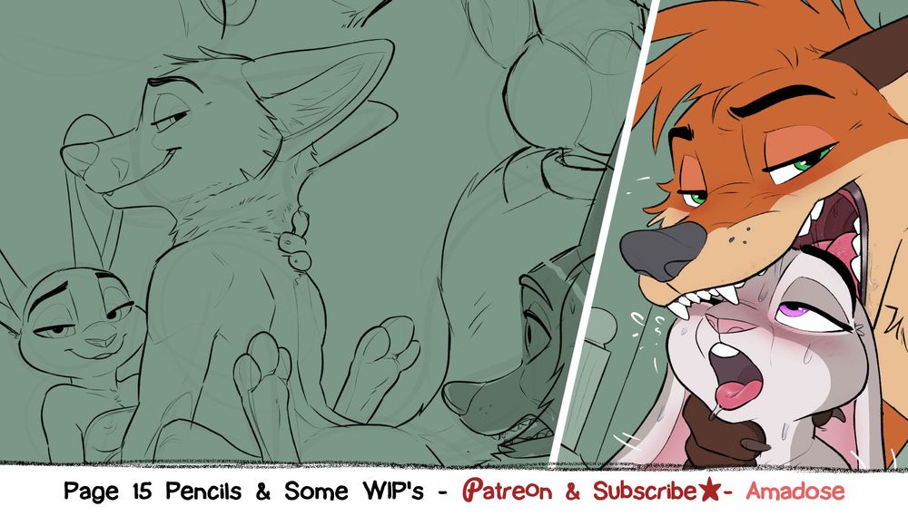 Promo image showing the pencils for page 15 of Amadose's comic. Owen is leaning over Judy as they look back and stare at Nick. Splitting the image is a colored WIP of RabbitSeason putting Judy Hopps head into his mouth from behind!