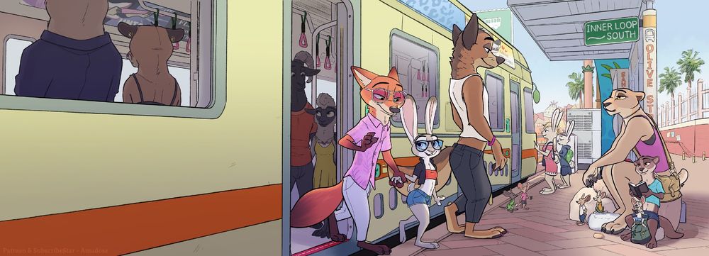 Judy and Nick leave the tram and head into the Savanah district. Drawn by Amadose!