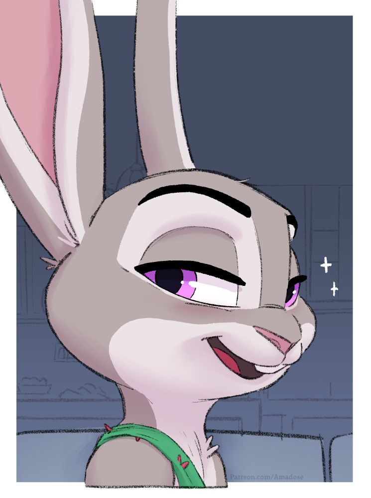 Judy Hopps looking at the camera with a perfectly innocent sparkly look. Drawn by Amadose, a single panel from the ongoing comic series.