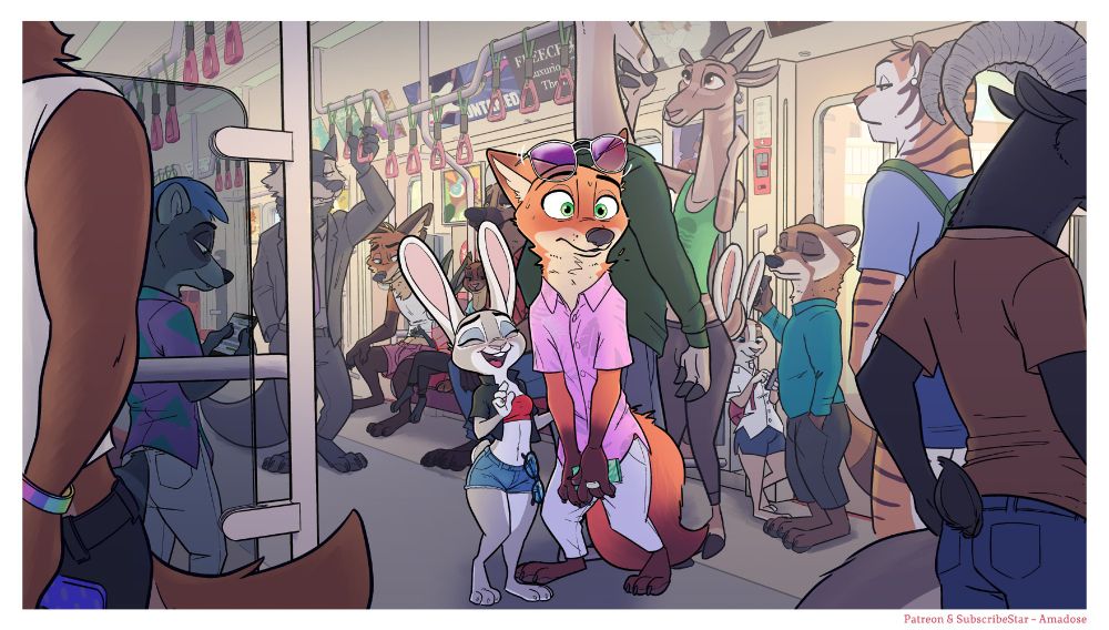 Judy Hopps teases her husband on the tram. A full scene with all kinds of zootopian's, from raccoons to wolves, foxes to antelope, tigers to rams. Everyone is busy in their own little world. Drawn by Amadose, panel 4 of page 7