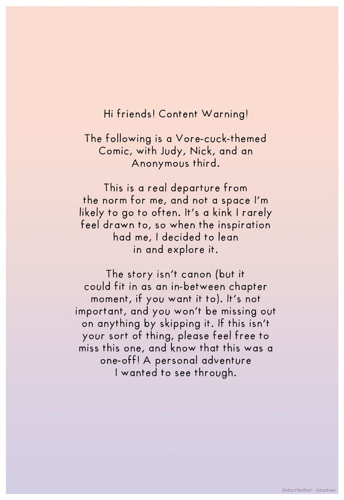 Page 0
A Vore content warning page for a vore–cuck comic by Amadose with Judy Hopps, RabbitSeason, and Nick Wilde watching.