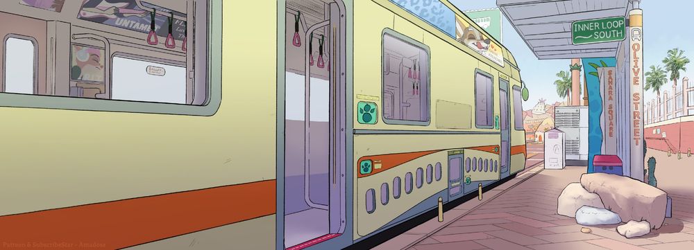 An empty tram stoped at the Savanah district in zootopia. Drawn by Amadose. 