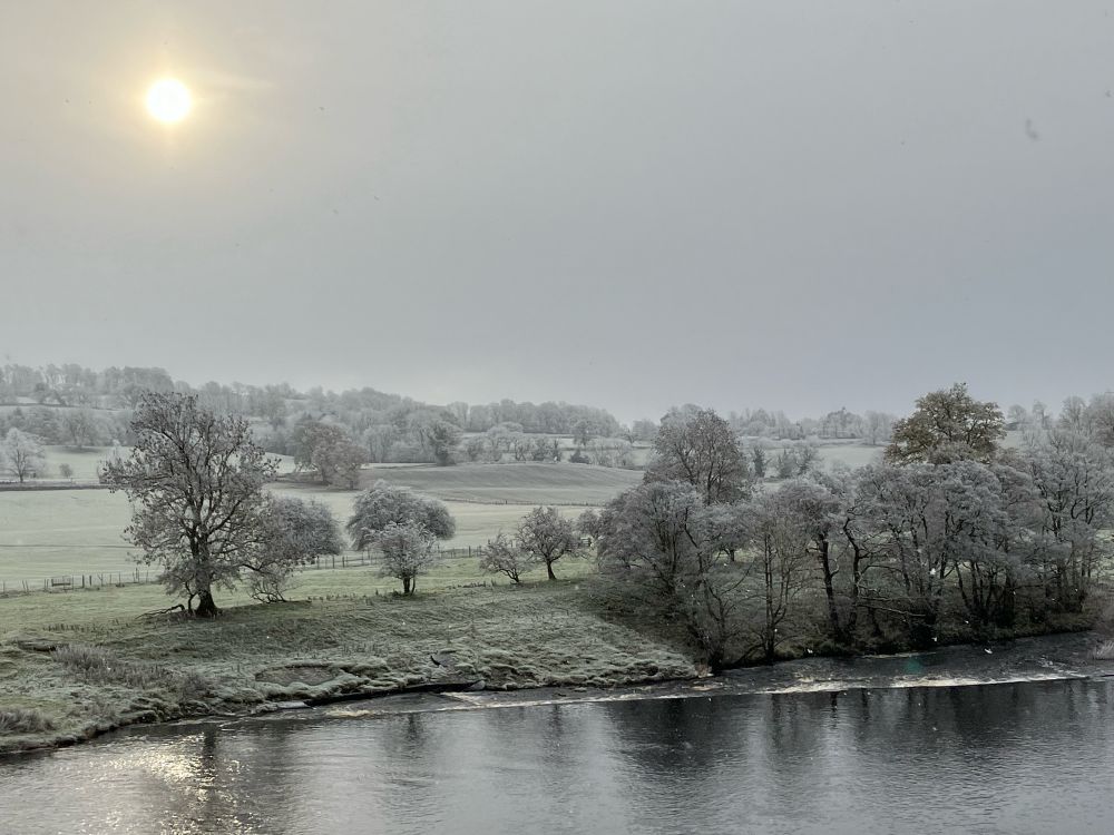 The North Tyne at Chollerford, the winter sun adding a soft light to the hoar frost id greys and greens.