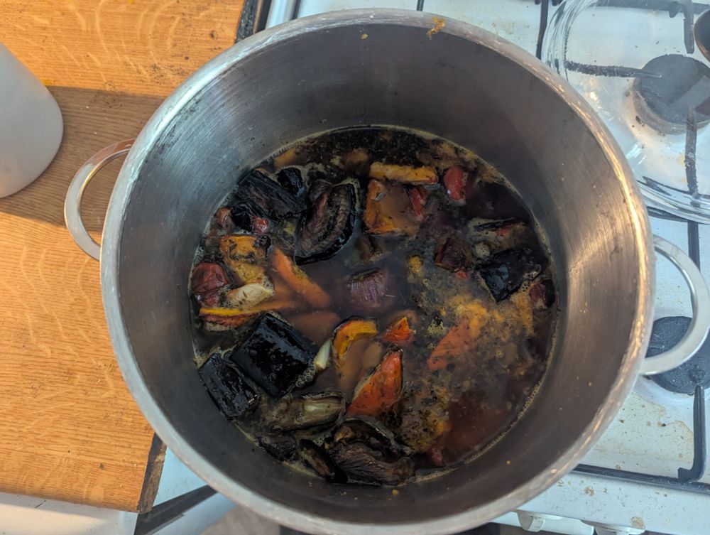 Vegetable broth has been added to the pot