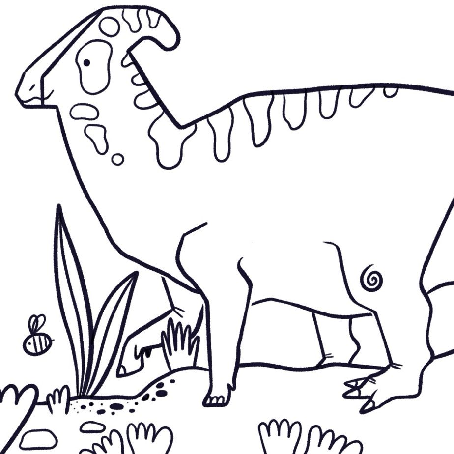 A segment of a colouring page mock-up, depicting a side facing Parasaurolophus, some leaves and a bee