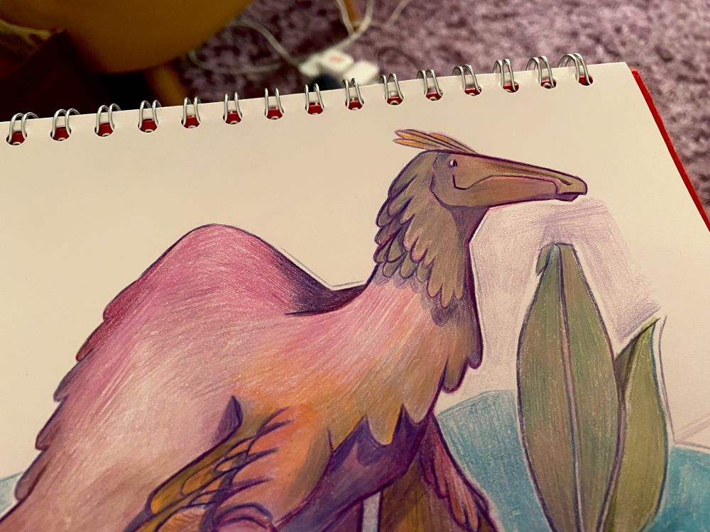 A work in progress photo of a Deinocheirus illustration