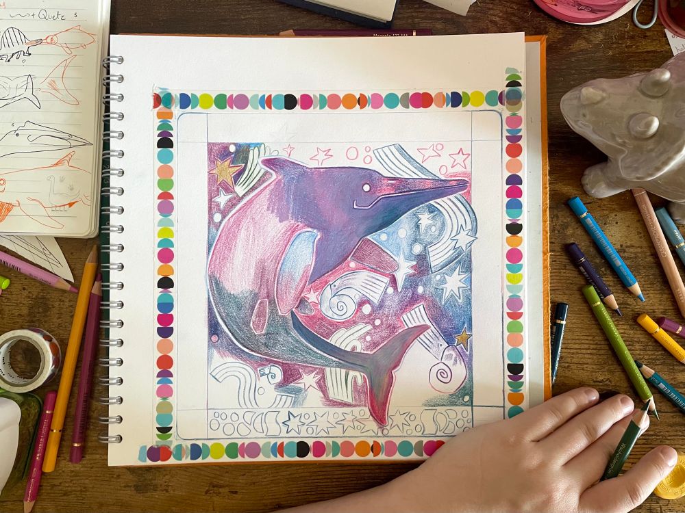 Work in progress photo of a colourful ichthyosaurus drawing in a washi tape square frame - this is from September 2024