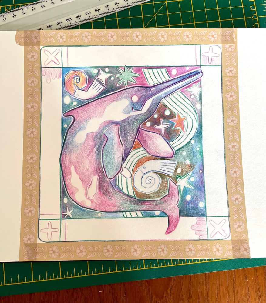 Work in progress photo of a colourful ichthyosaurus drawing in a washi tape square frame - this is what I’m currently working on 