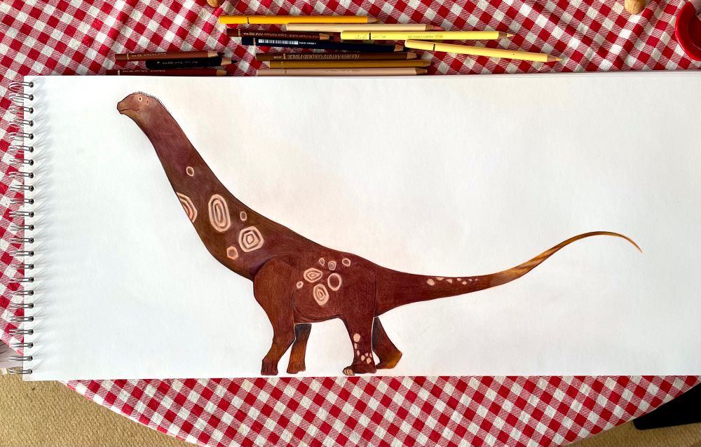 Large drawing of Futalognkosaurus on a panoramic sketchbook - this ring bound sketchbook is roughly 4 A3 sheets long and is from Seawhite of Brighton