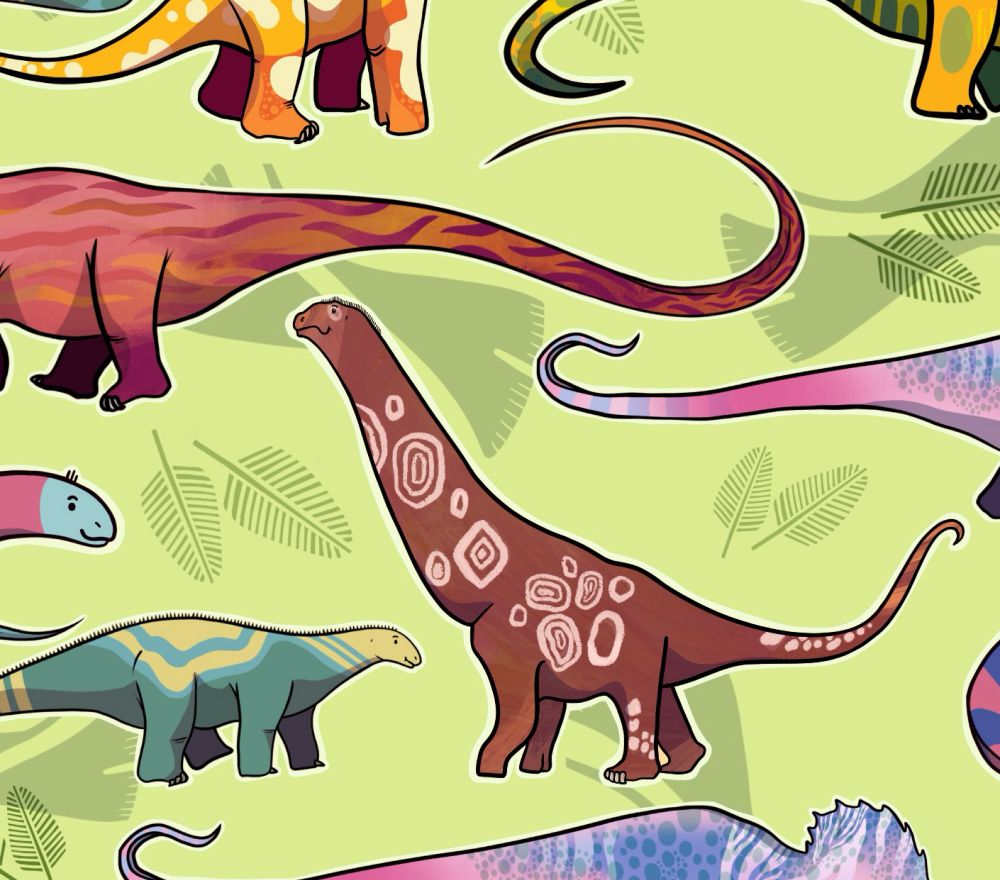 (Cropped picture of a new fabric pattern I designed) An illustration of a mocha-brown Futalognkosaurus on a green background.