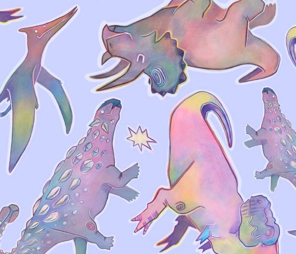 A cropped picture of the original design for custom Dinosaur fabric (all creatures are from the Cretaceous period)
Tyrannosaurus Rex, Triceratops, Ankylosaurus and Pteranodon on a pastel violet background 