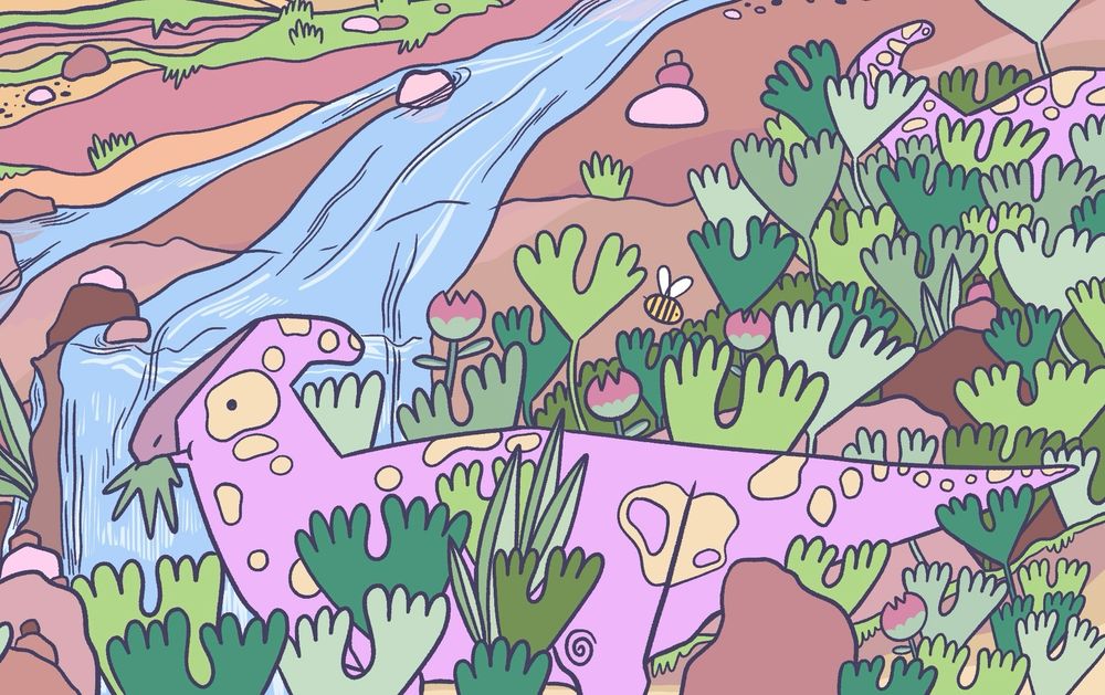 A digitally coloured-in colouring page mock-up, depicting a pink Parasaurolophus munching on some leaves.