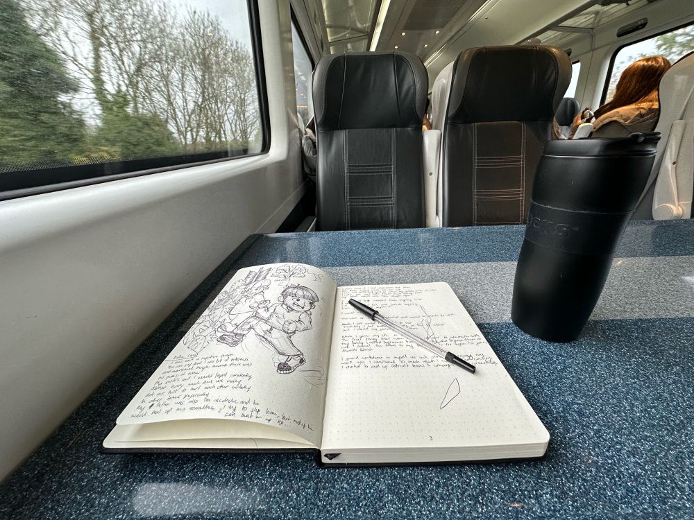 Journal with coffee in a train