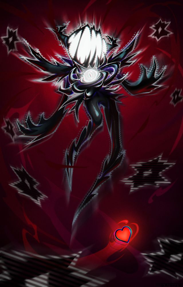 Image shows a red background with a floating black figure with its mouth open wide. The black figure has a white eye bursting from its chest and white graphic lines outlining it from the red background. A red heart floats near the bottom of the image dodging projectiles coming from the figure. 